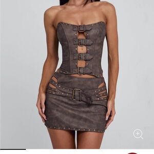 Strapless Brown Faux Leather Buckle Corset Top and skirt set